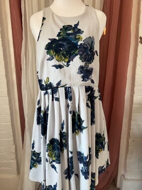 Free People White Dress with Navy and Olive Floral Accents